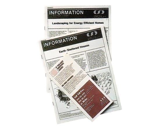 
Government publications, such as these CAREIRS pamphlets on energy efficient landscaping and energy efficient homes, are available on a broad range of topics.
